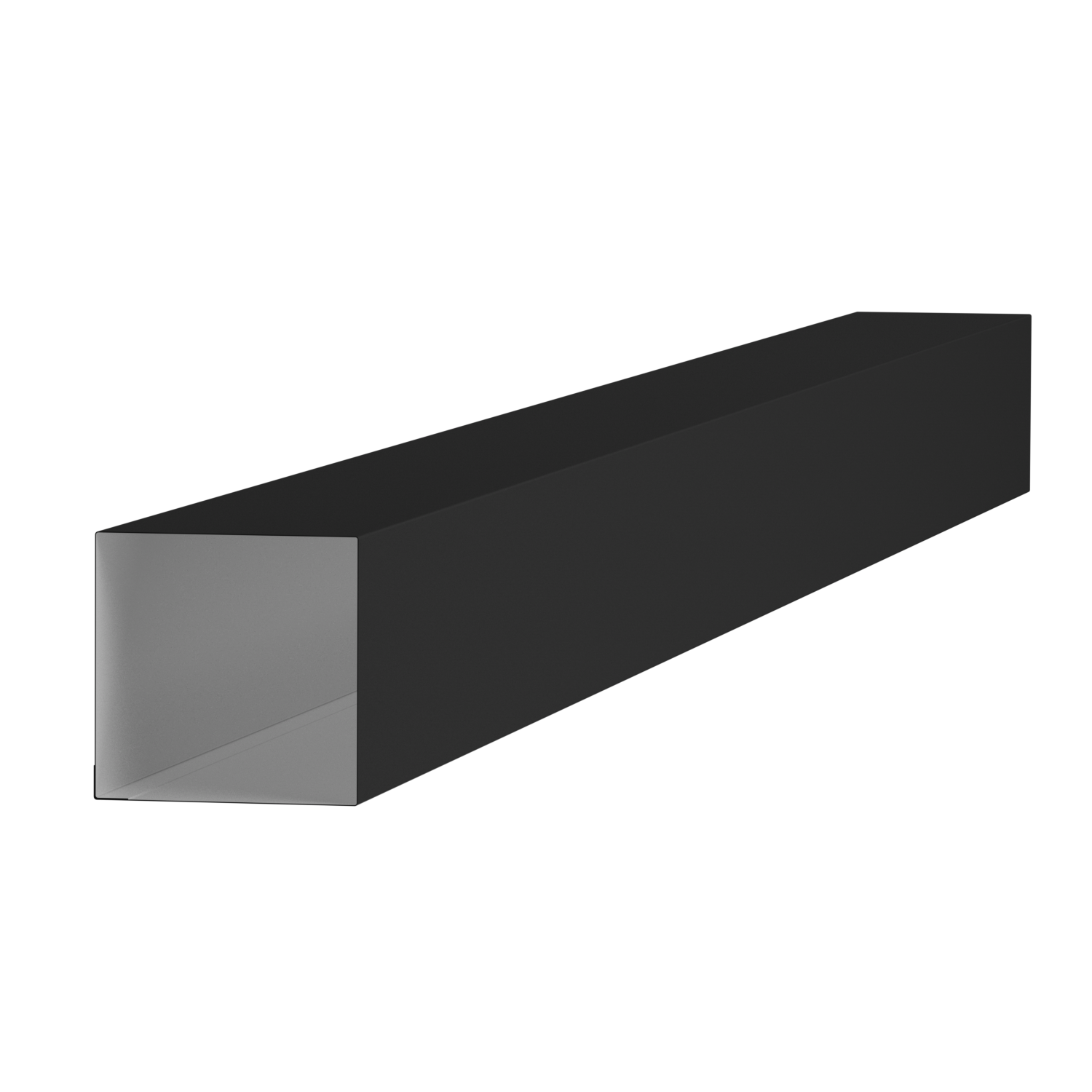 A 3D rendering of a rectangular, black and gray object with a simple, minimalist design on a black background.