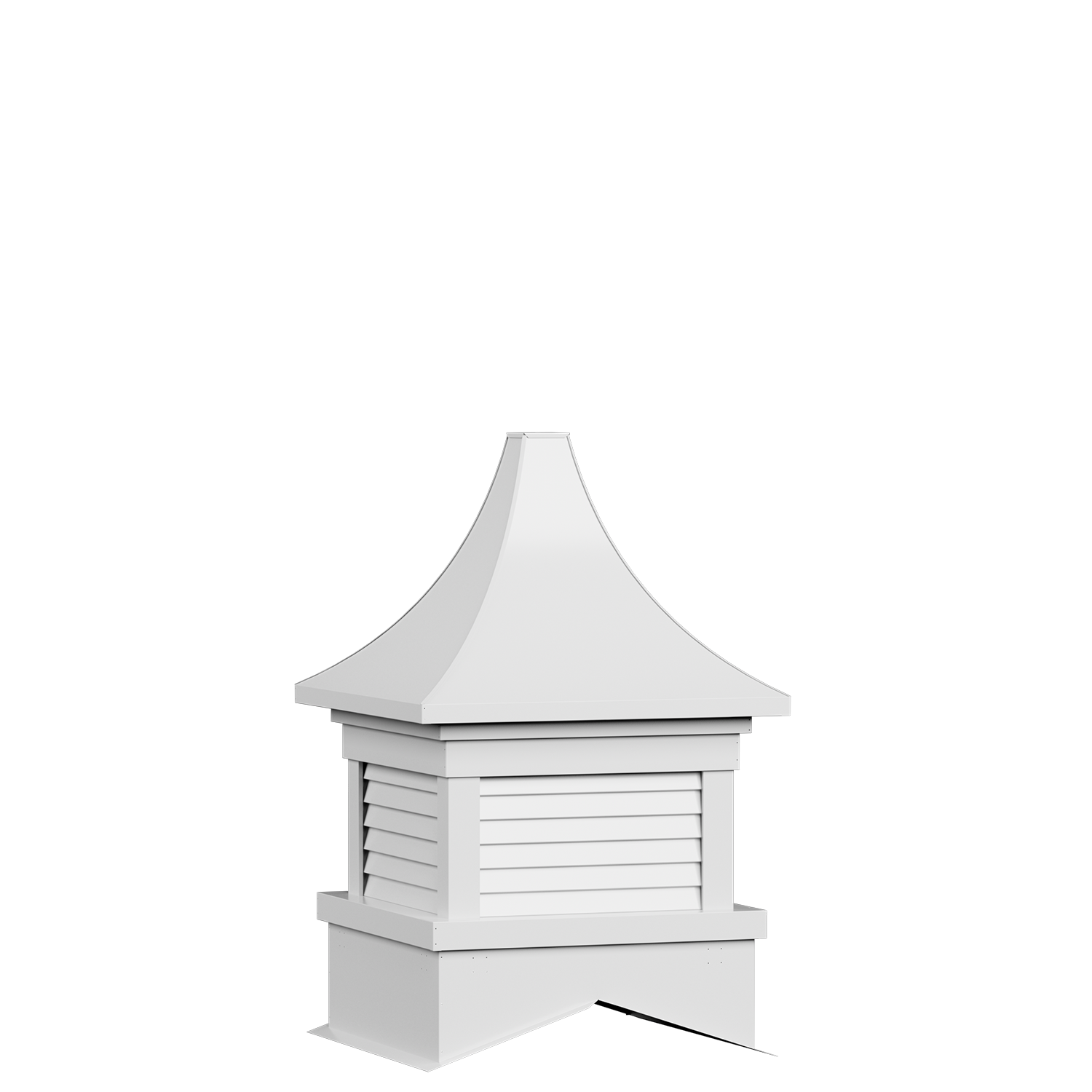 A white decorative vent hood with a curved top and louvered panels.