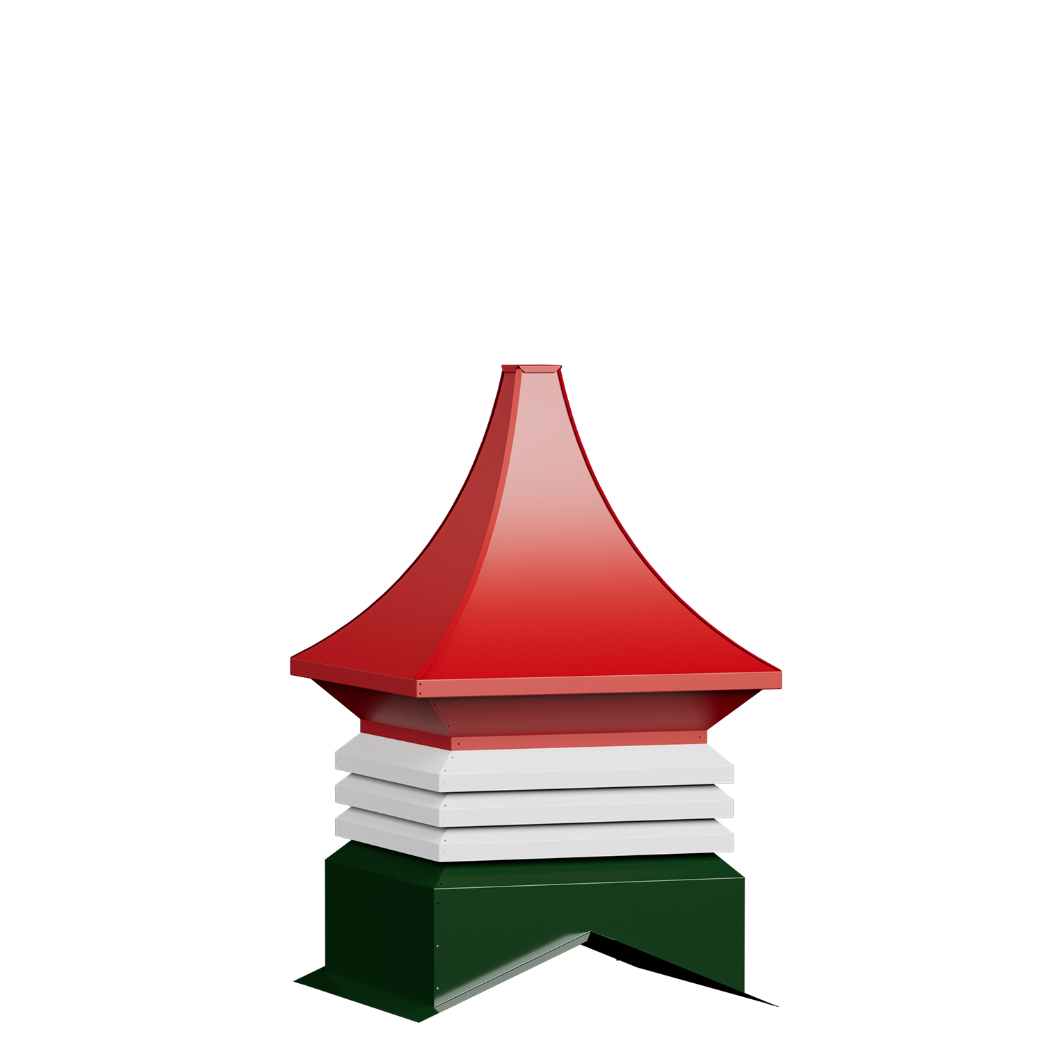A modern, artistic model of a pagoda-style structure with a red, curved roof, white layered walls, and a green base, reflected on a black surface.