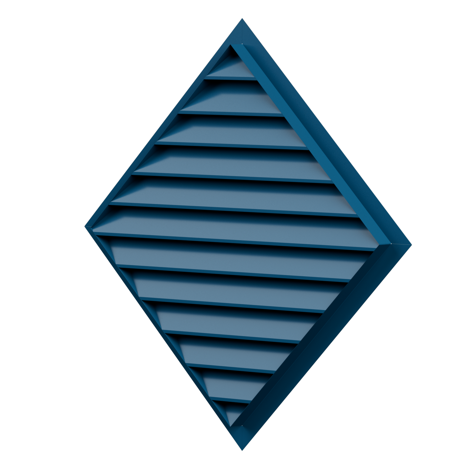 Blue triangular louvered vent with reflection on black background.