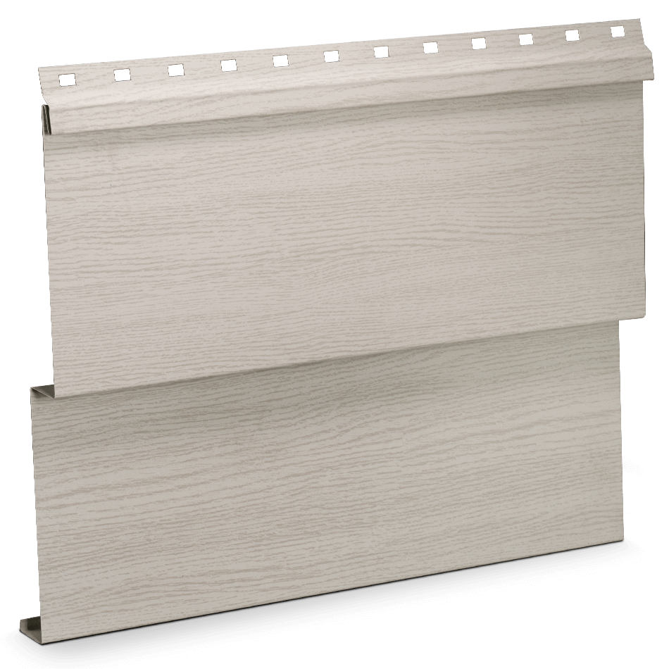 A white wooden hurricane shutter with a slatted design.