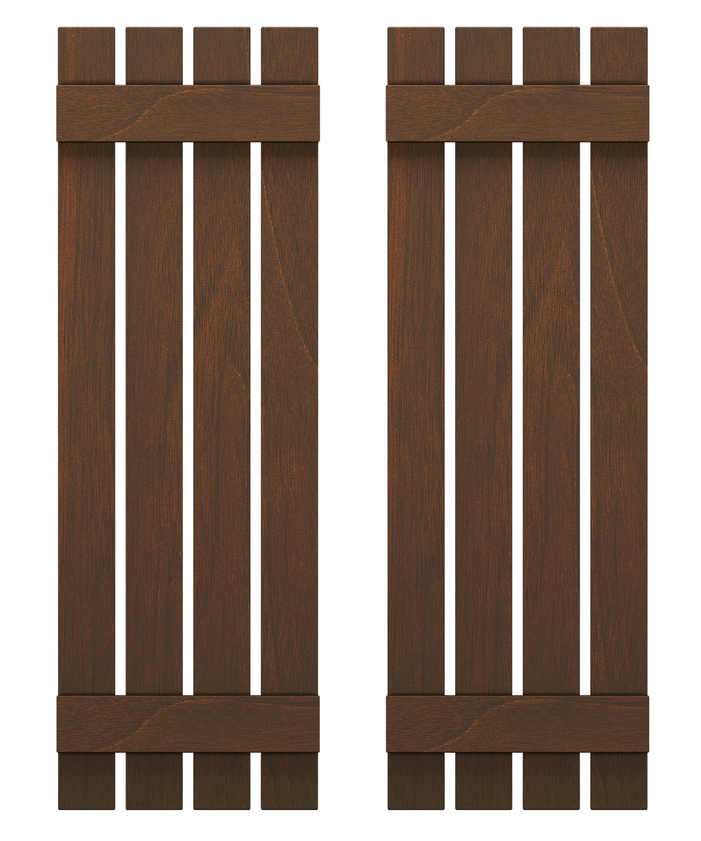 Two wooden gates or shutters with a brown finish, featuring vertical wooden slats and horizontal support beams at the top and bottom.