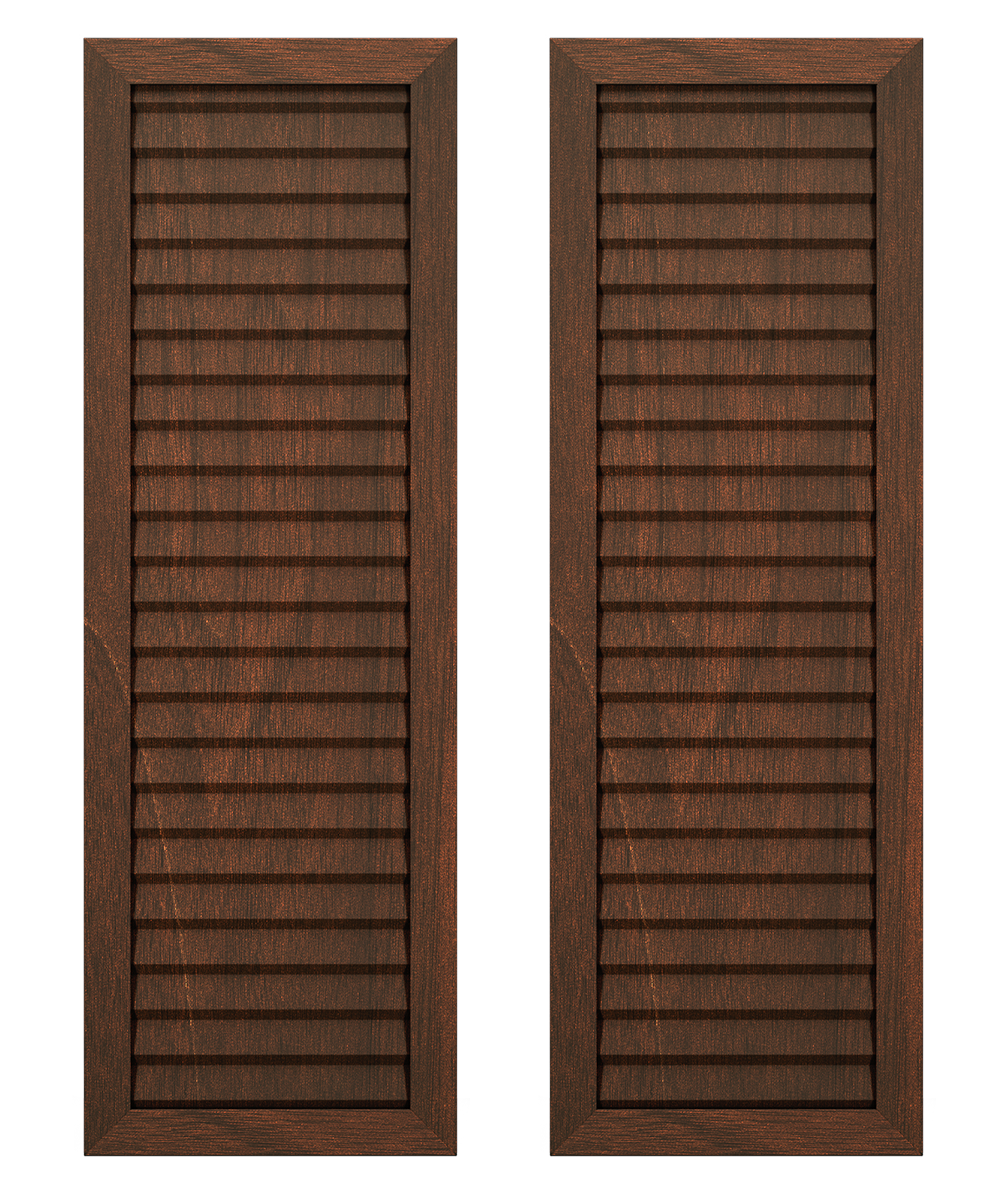 Pair of wooden louvered shutters in a dark brown finish.
