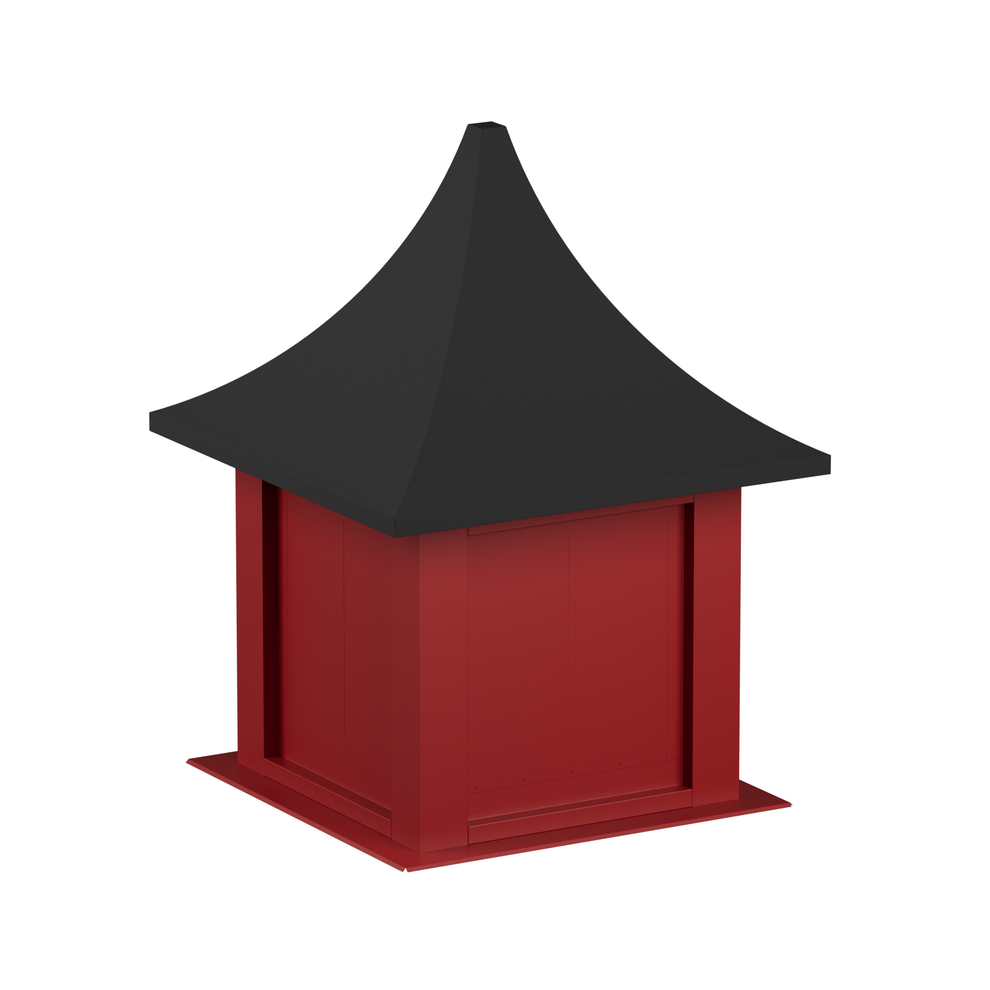 A 3D model of a red barn with a black roof.