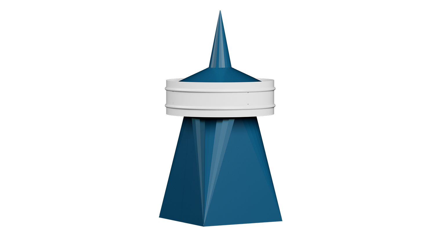 A three-dimensional geometric structure resembling a stylized tower with a cone shape at the top, a trapezoidal base, and a white cylindrical band around the middle, set against a black background.