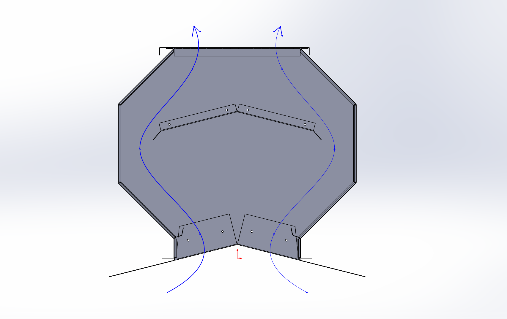 A CAD drawing of a hexagonal structure with piping and conduit guides inside.