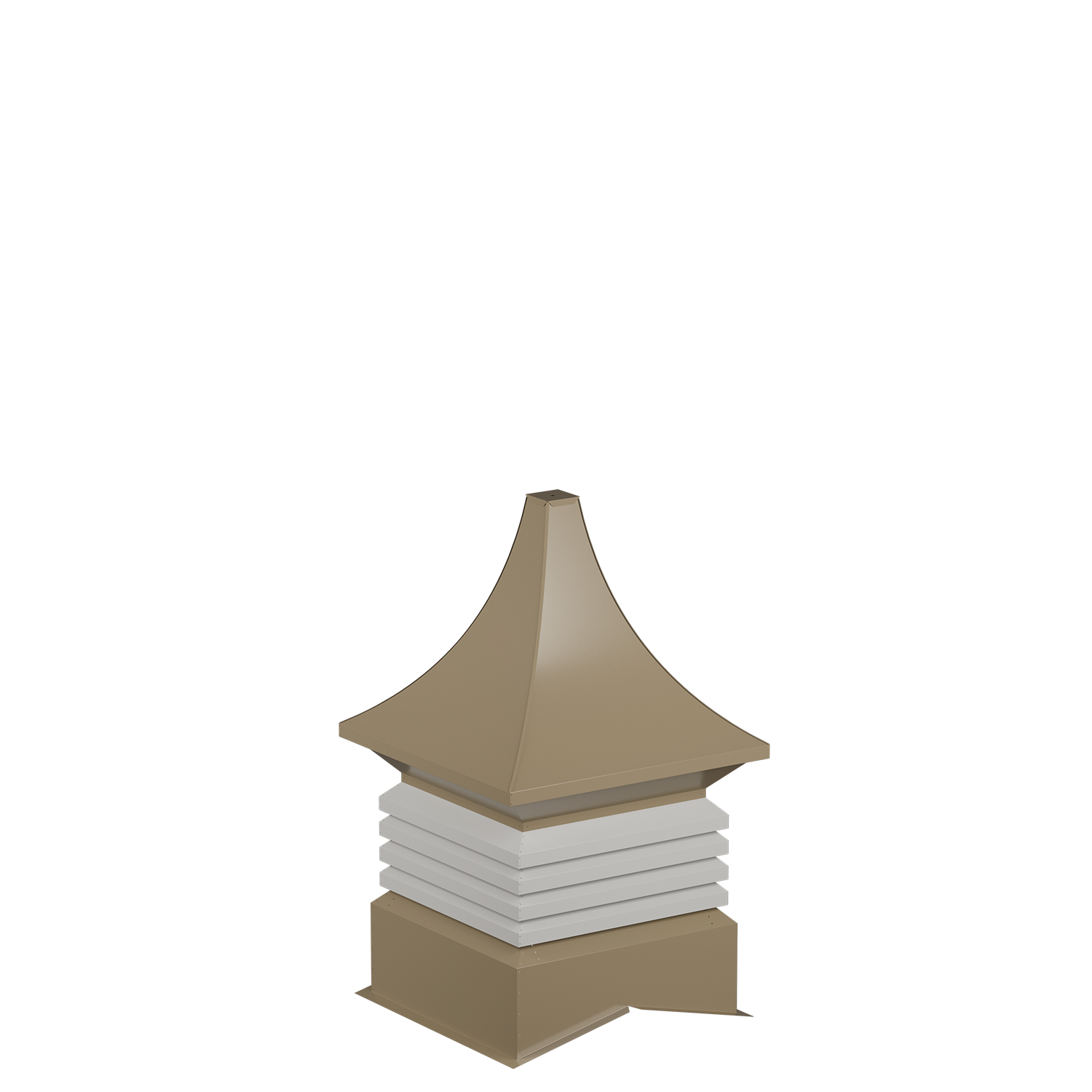 A beige-colored, multi-tiered, pagoda-style architectural structure with a pointed, roof-like top, situated on a white, layered base.