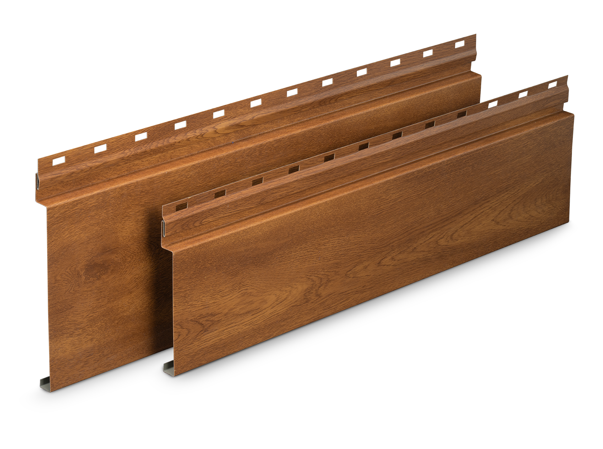 Two wood grain vinyl siding panels with interlocking edges, isolated on a black background.