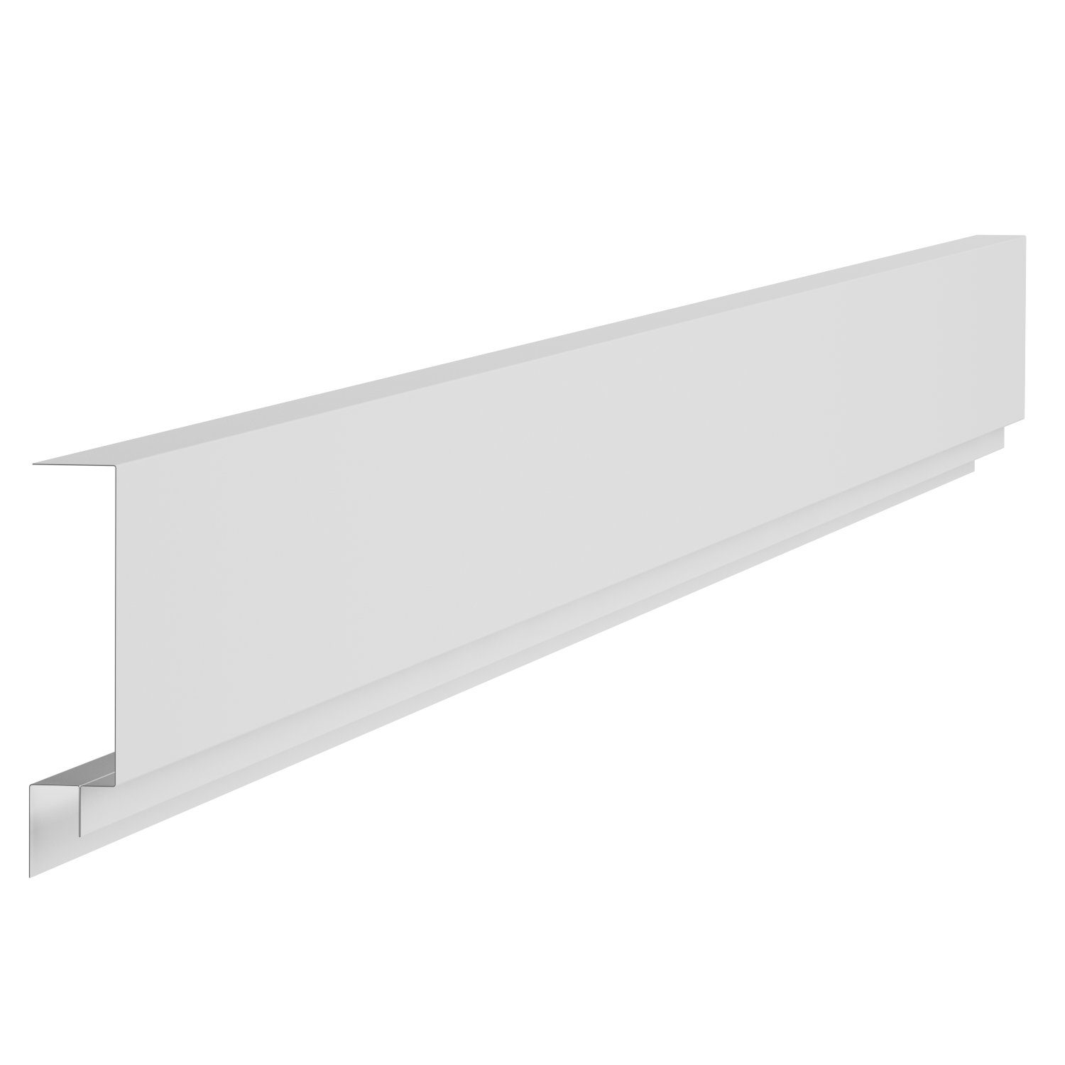 A white metal fabrication part with a clean, angular design, featuring a vertical section with a slit, a sloped top edge, and a small cut-out section.