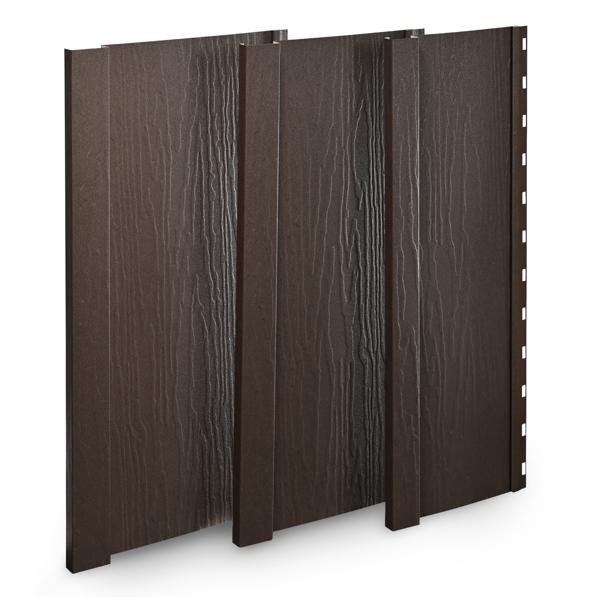 Close-up of a dark brown wooden privacy screen or room divider with vertical panels and visible wood grain texture.