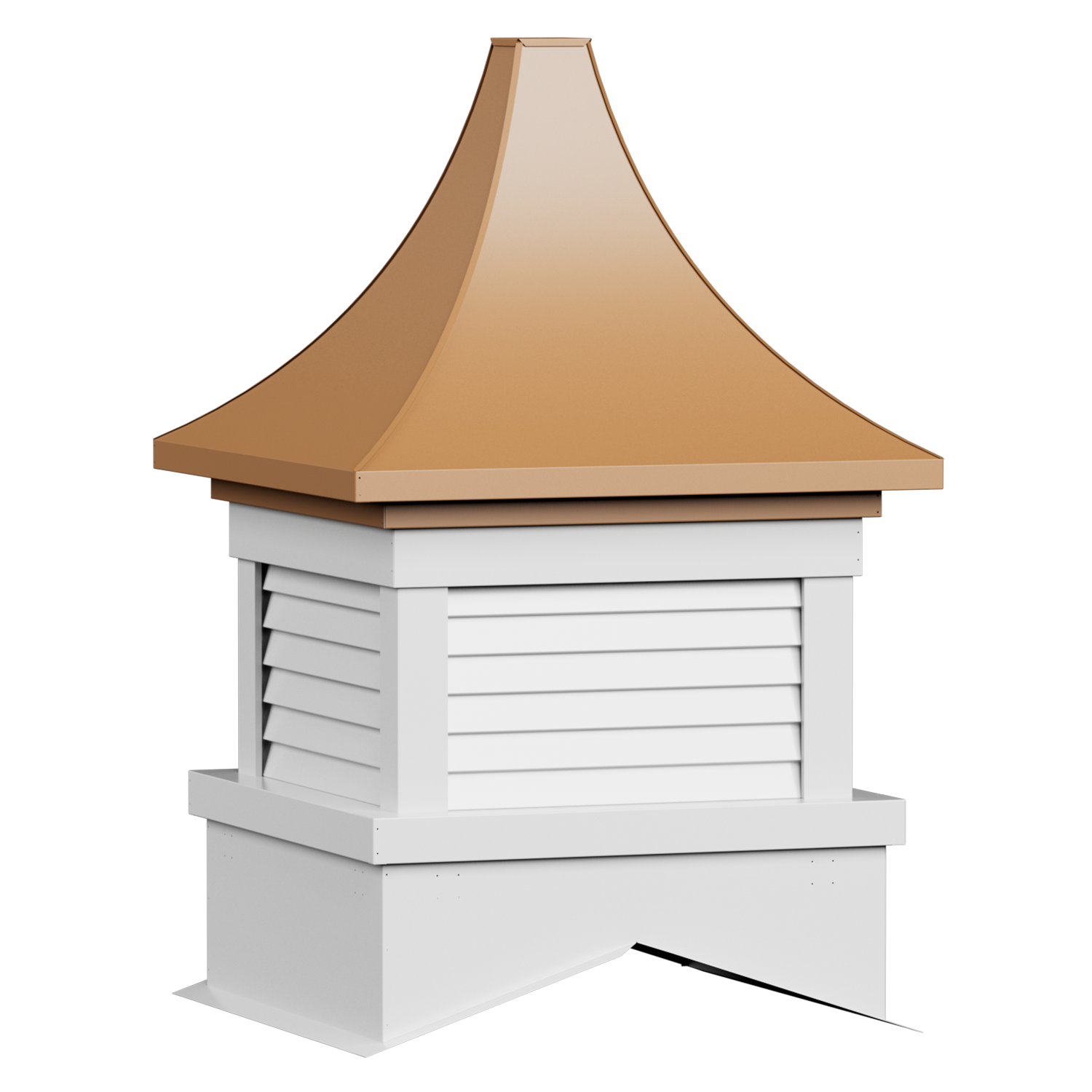 A white outdoor wooden vent with a brown conical roof against a black background.