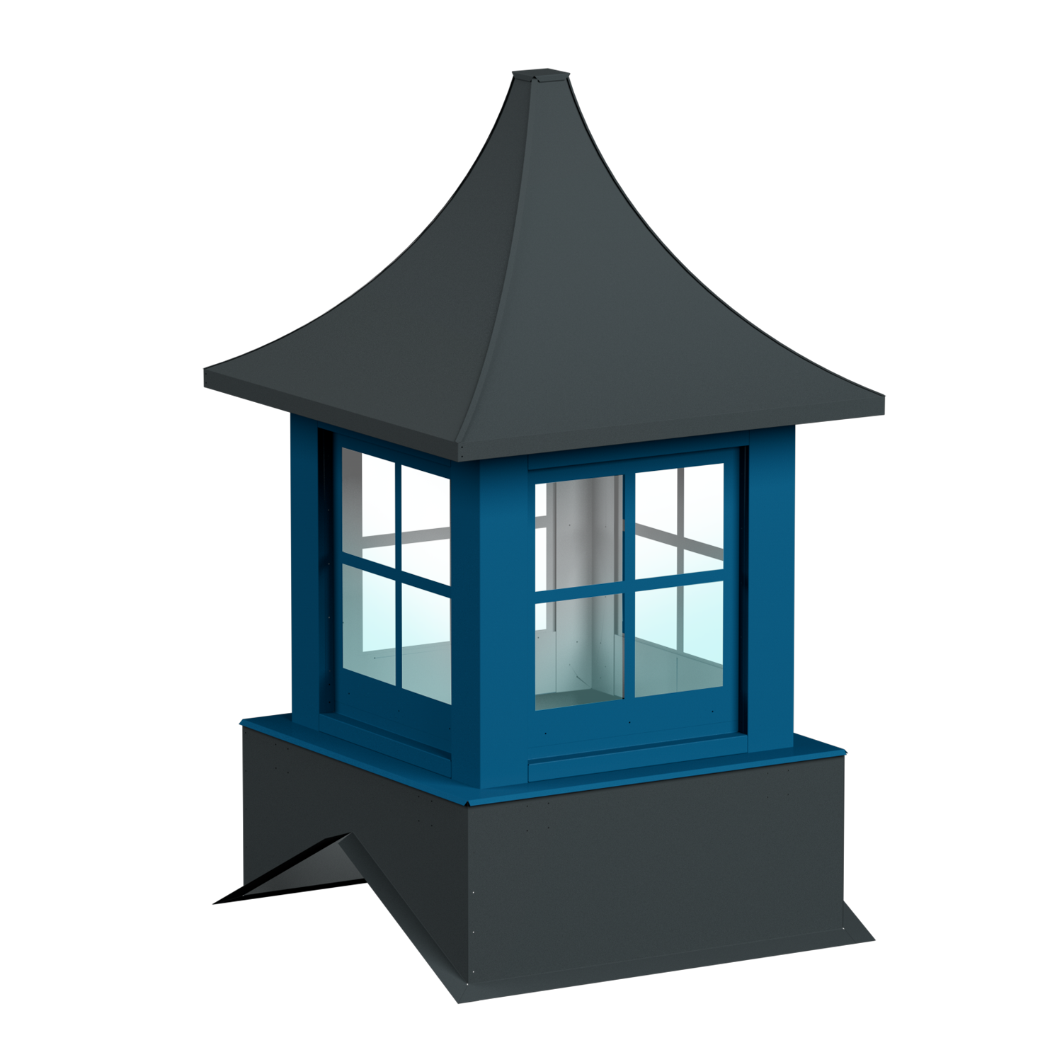 A decorative blue lantern with a black, pagoda-style roof, glass panels, and a small opening at the bottom.