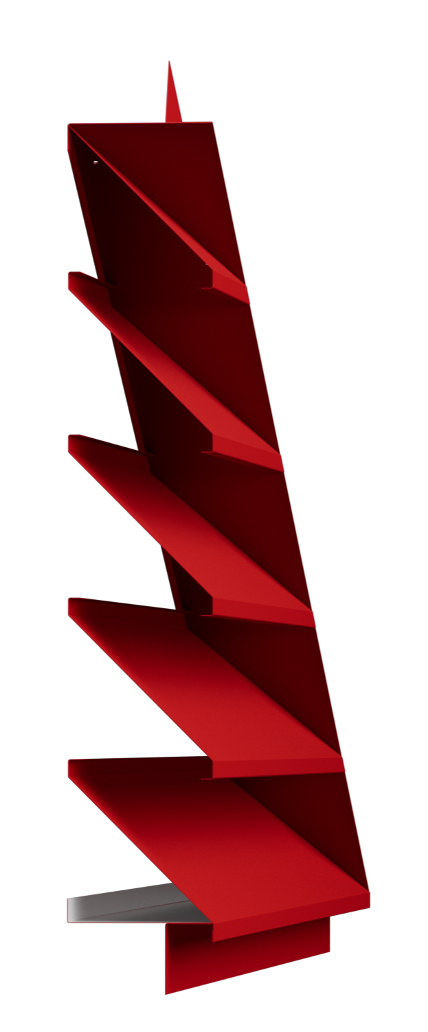 A red and black zigzag abstract sculpture with layered, angular panels on a black background.
