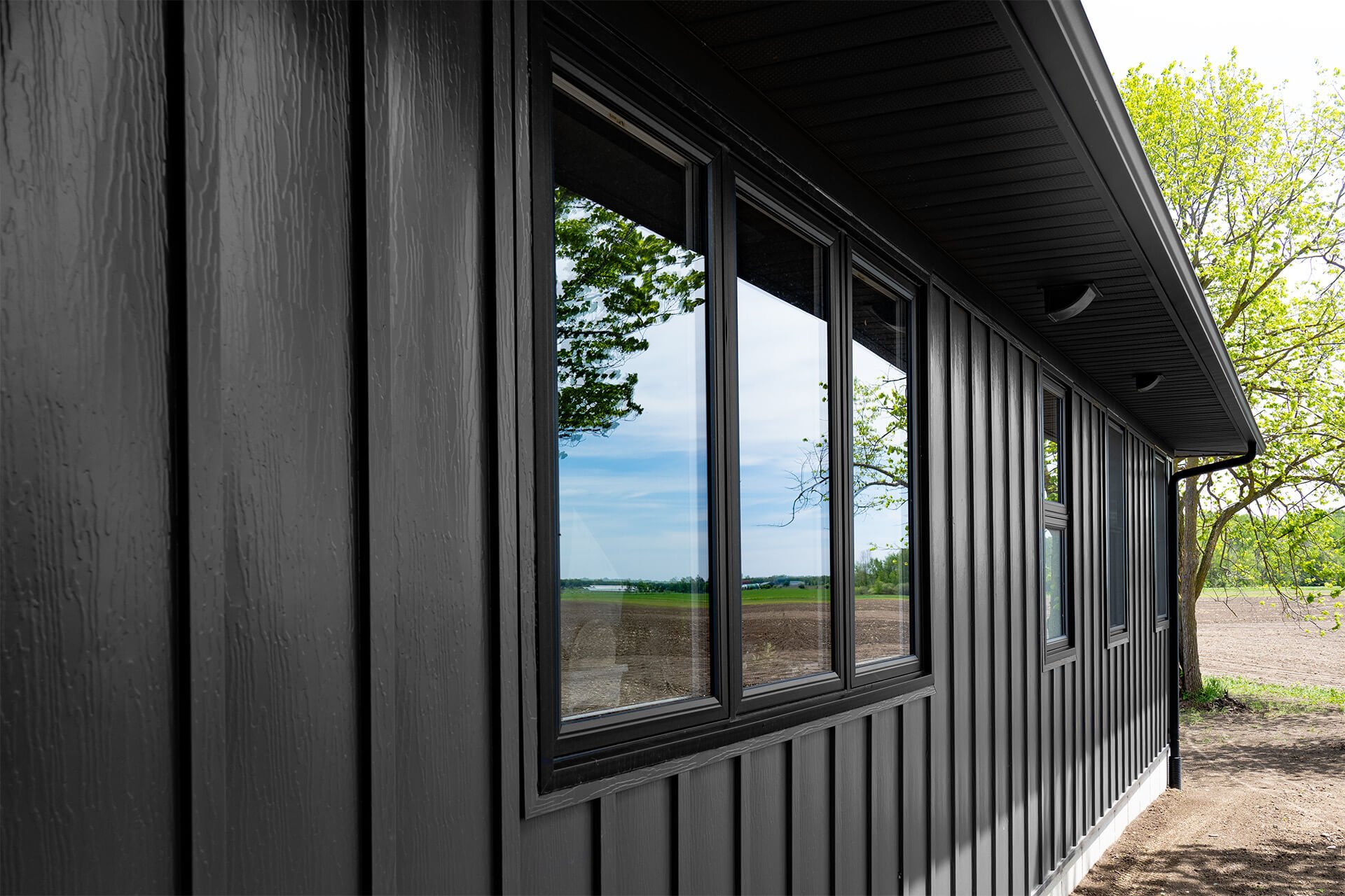 Close-up of a modern black house exterior with vertical siding and large windows reflecting trees and sky, surrounded by green trees and open fields.