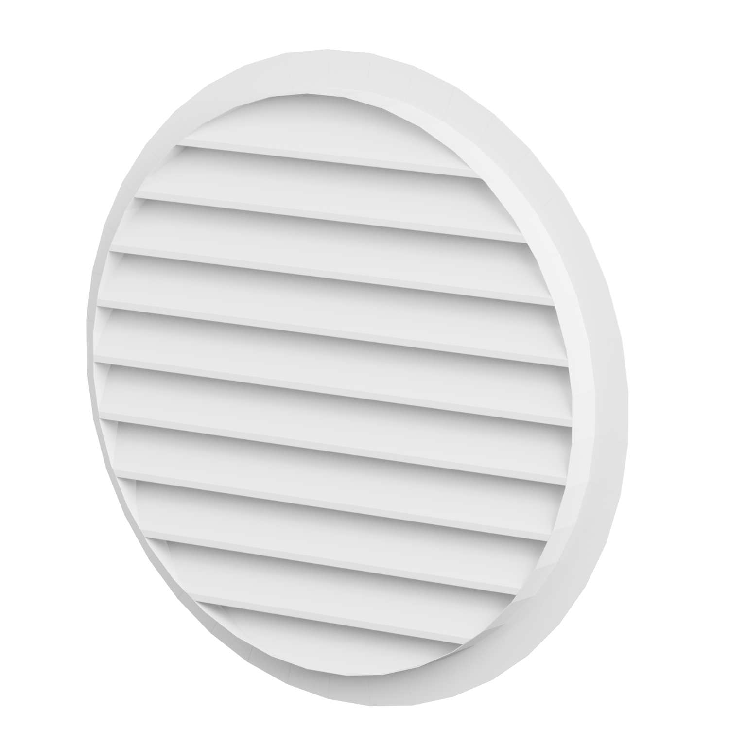 A close-up image of a white circular air vent with horizontal slats against a black background.