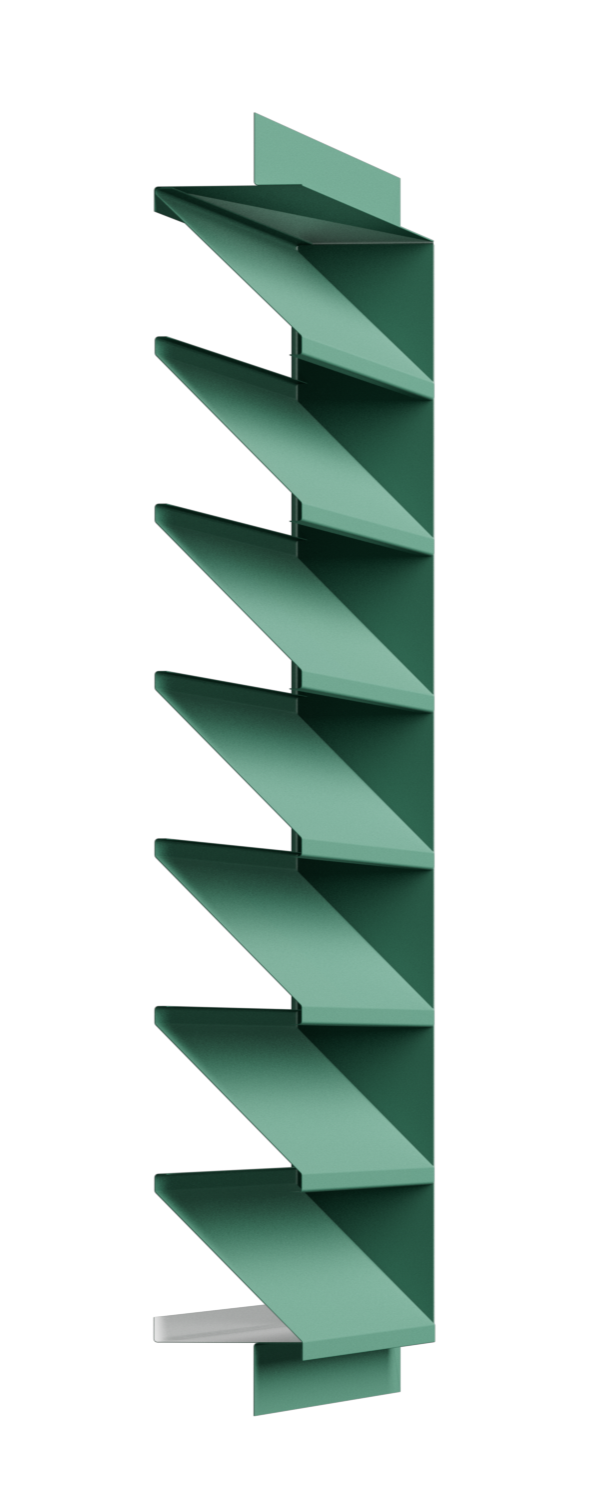 A modern green bookshelf with multiple angled shelves against a black background