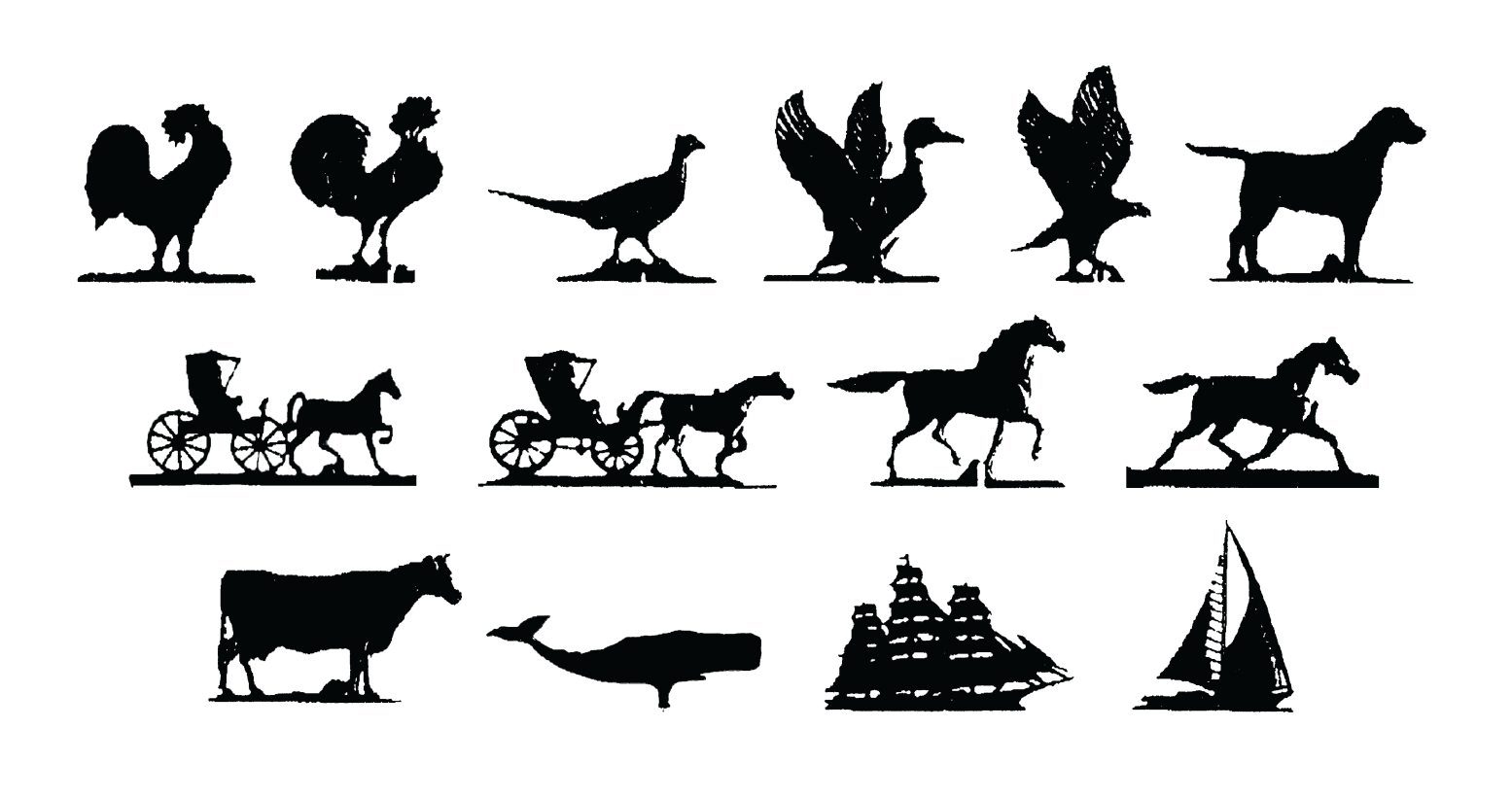 Set of black silhouette animal and transportation icons, including a rooster, duck, goose, swan, chicken, pig, horse-drawn carriages, cow, whale, sailboats, and a horse.