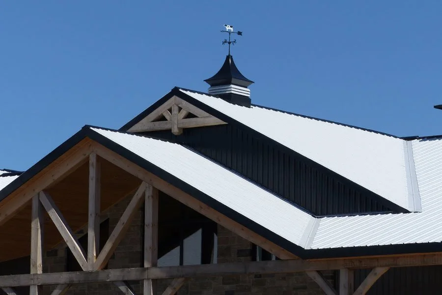 Close-up of a building's roof with snow, showing a weather vane and gothic-style peaked roof structures.