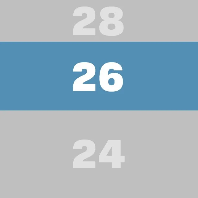 Close-up of a sports scoreboard showing the number 26 in the center, with 24 below and 28 above, on a gray and blue background.
