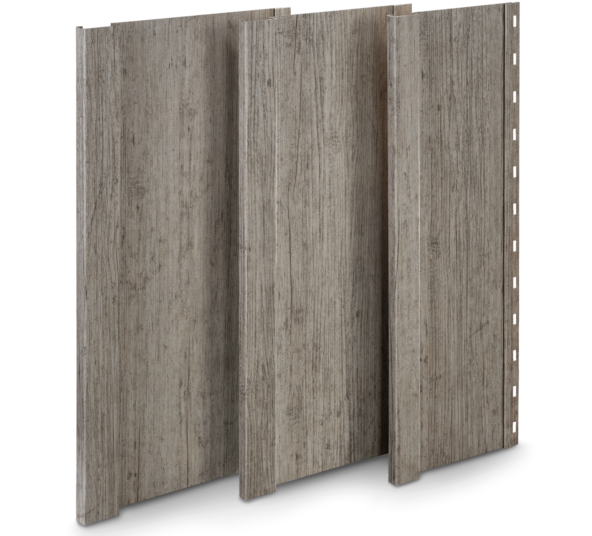 A set of wooden folding doors with visible hinges and a weathered gray finish.