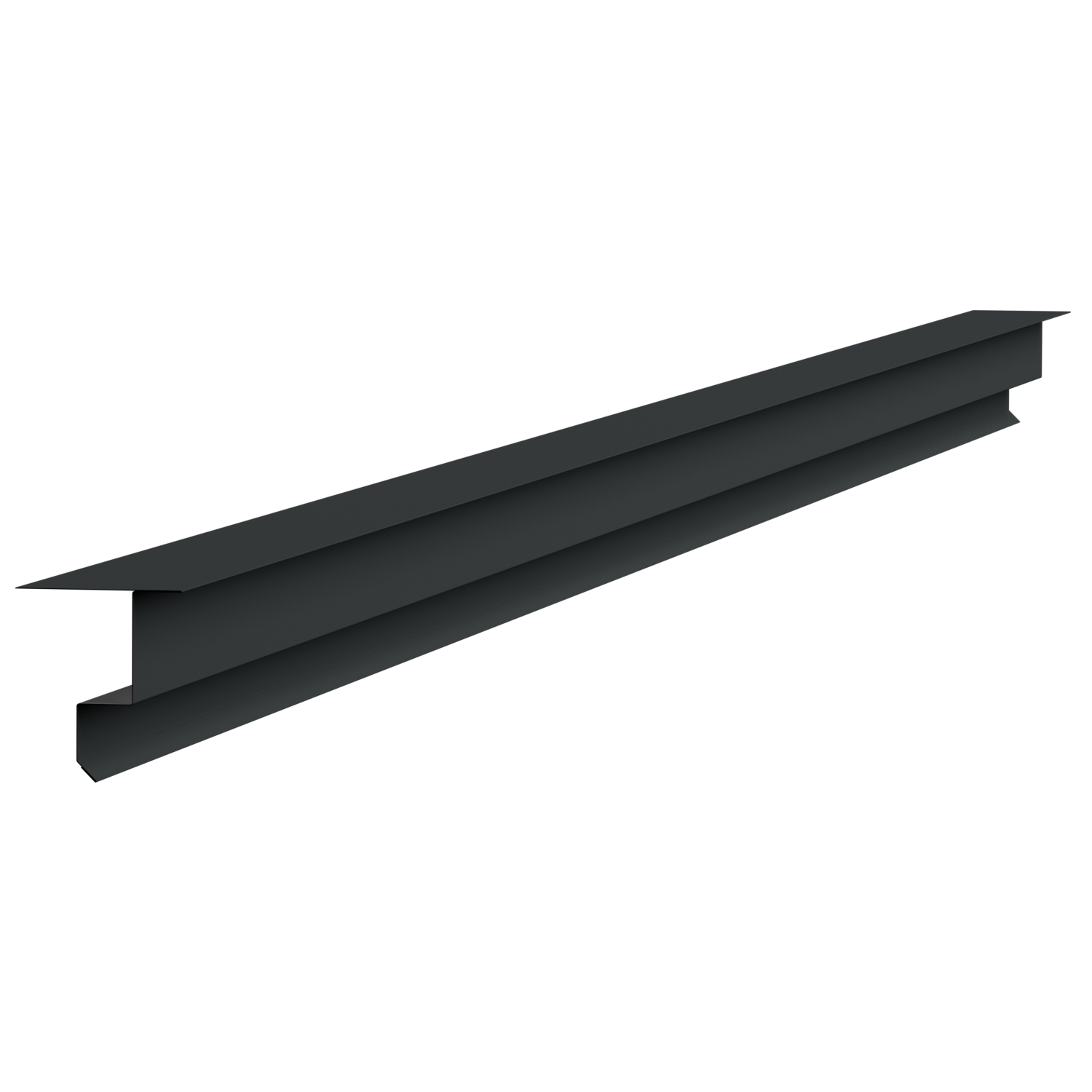 A dark gray metallic V-shaped object with layered grooves, set against a black background.
