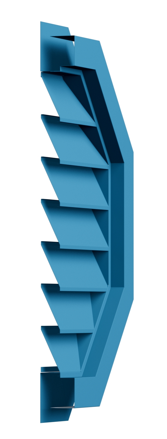 A vertical blue 3D model of a multi-level parking garage with multiple open parking spaces.