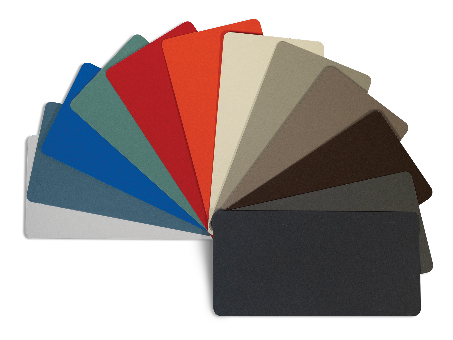 Color swatch sample with various shades of blue, gray, red, beige, brown, and black, arranged in a fanned-out manner.