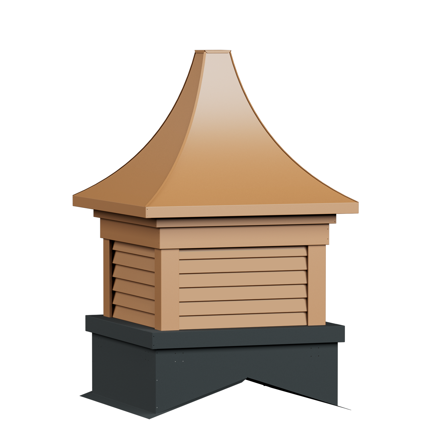 A beige, pyramid-shaped ventilation or hood structure situated on a louvered base, mounted on a gray platform against a black background.