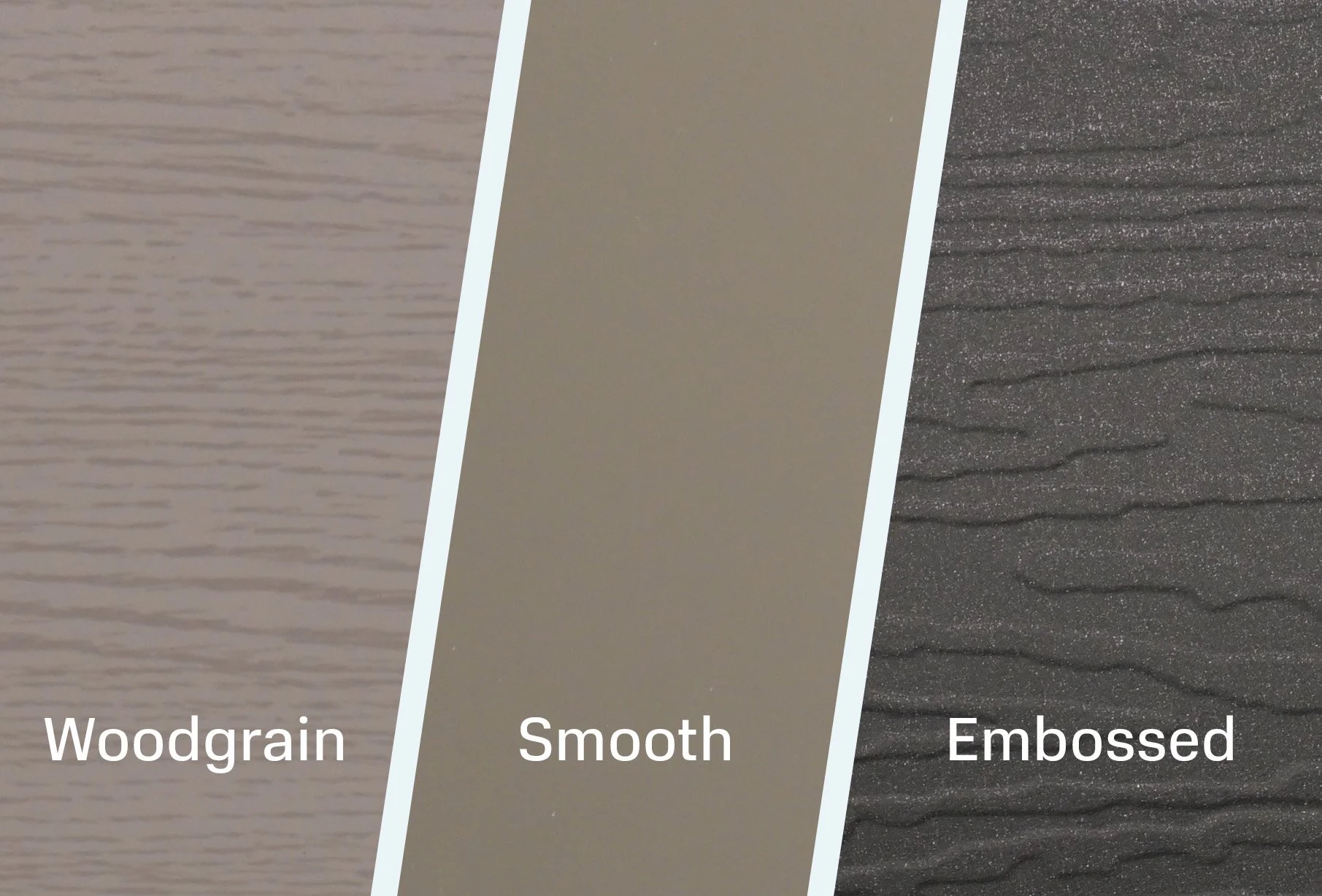 Comparison of three types of surface textures: woodgrain, smooth, embossed.