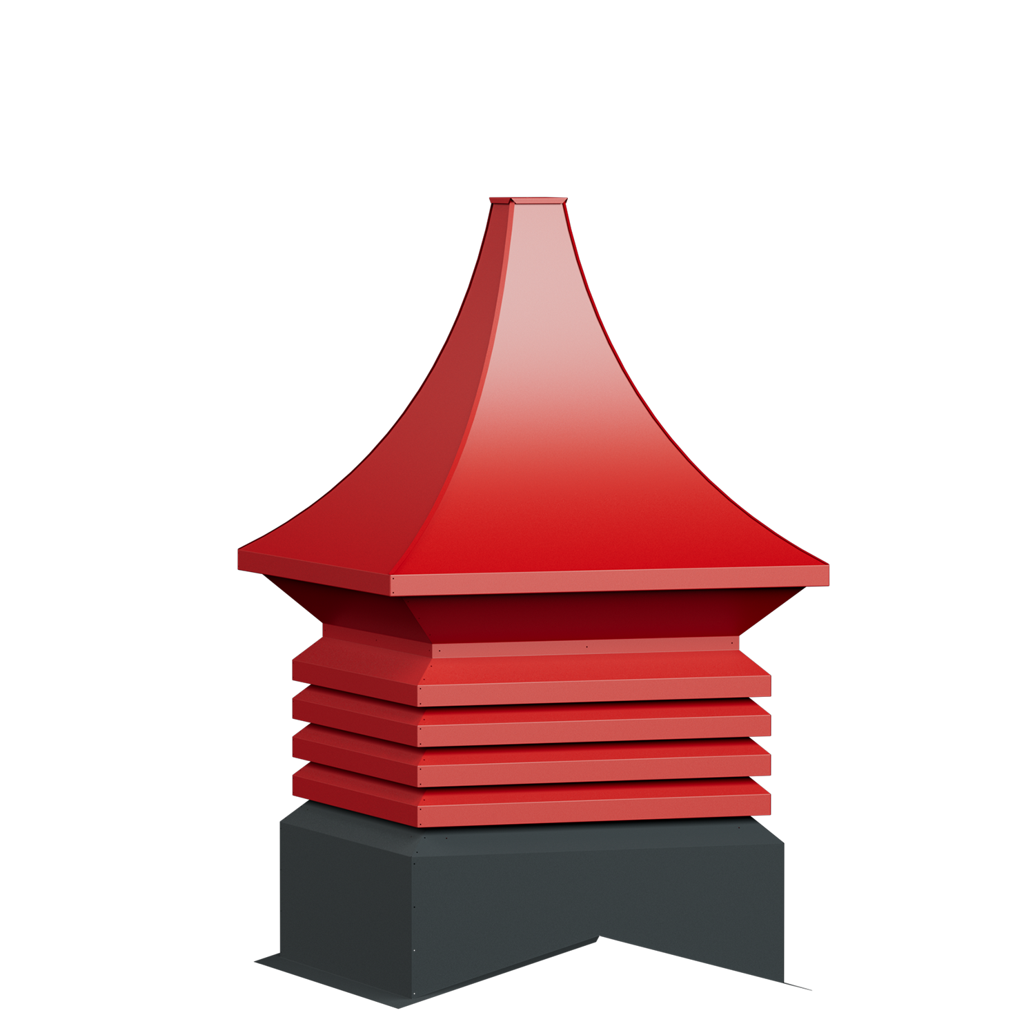 A modern abstract sculpture consisting of layered red and gray geometric shapes, topped with a red, pointed, tent-like structure, set against a black background with reflections on the surface.