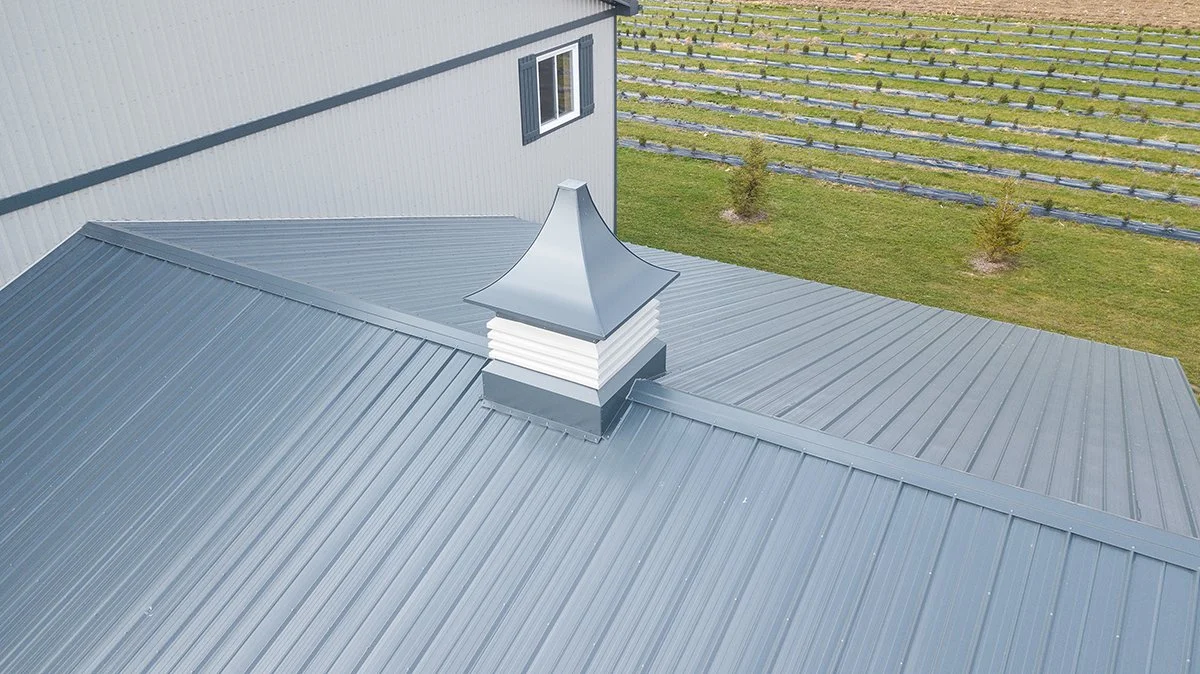 A metallic roof of a building with a vent or chimney in the center, against a background of a grassy field with rows of plants and small trees.