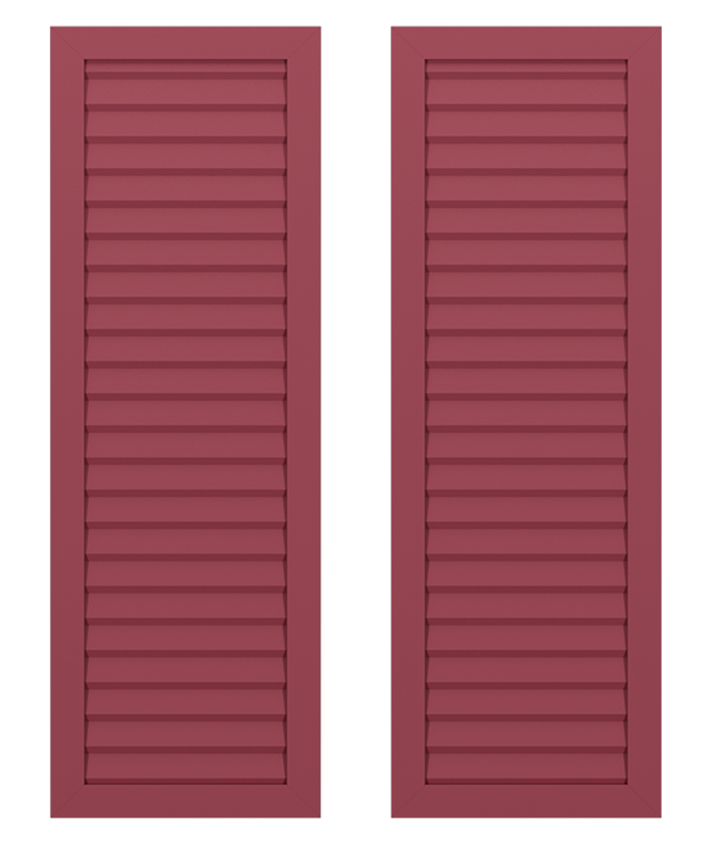 Two maroon-colored, louvered window shutters side by side, with horizontal angled slats.