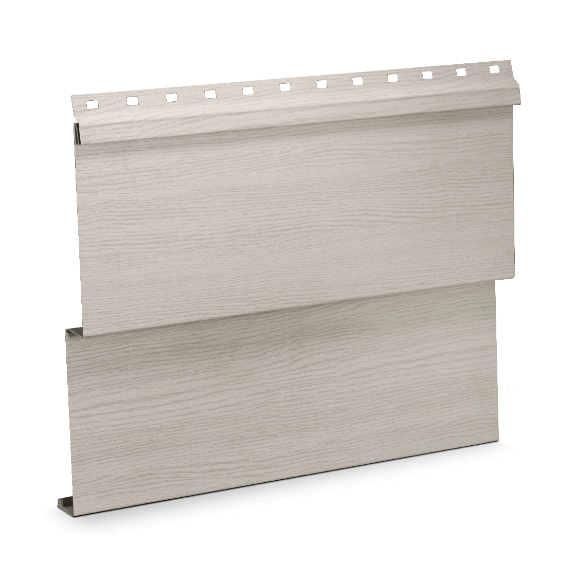 A beige or light wood-colored vinyl siding panel with a horizontal wood grain pattern and a metal clip on the side for attachment.