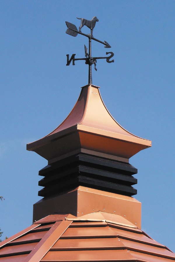 Close-up of a rooftop with a weather vane featuring a dog on top, against a blue sky.