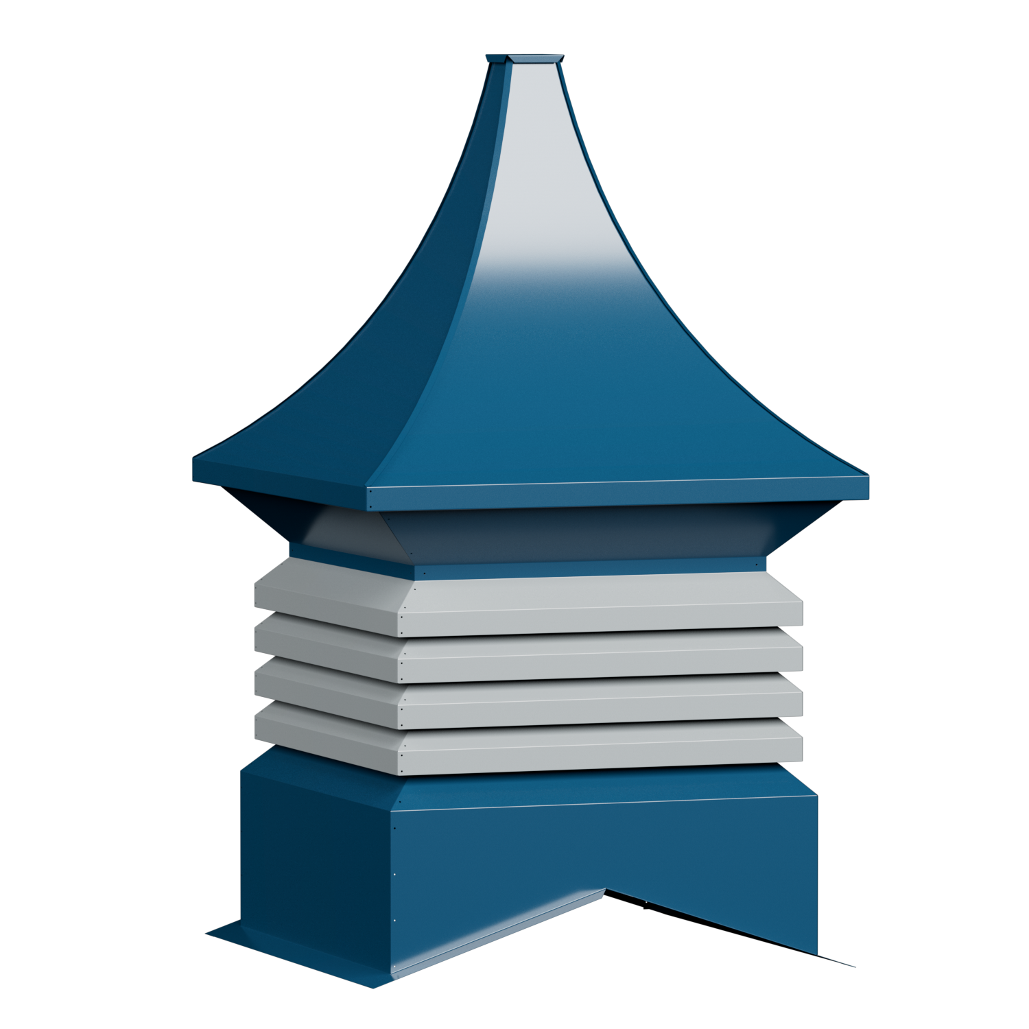 A multi-tiered mechanical device with a blue, conical top section, white middle sections resembling stacked layers, and a blue base, set against a black background.