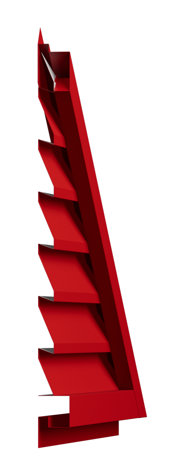 A tall, red, modern bookshelf with staggered shelves against a black background.