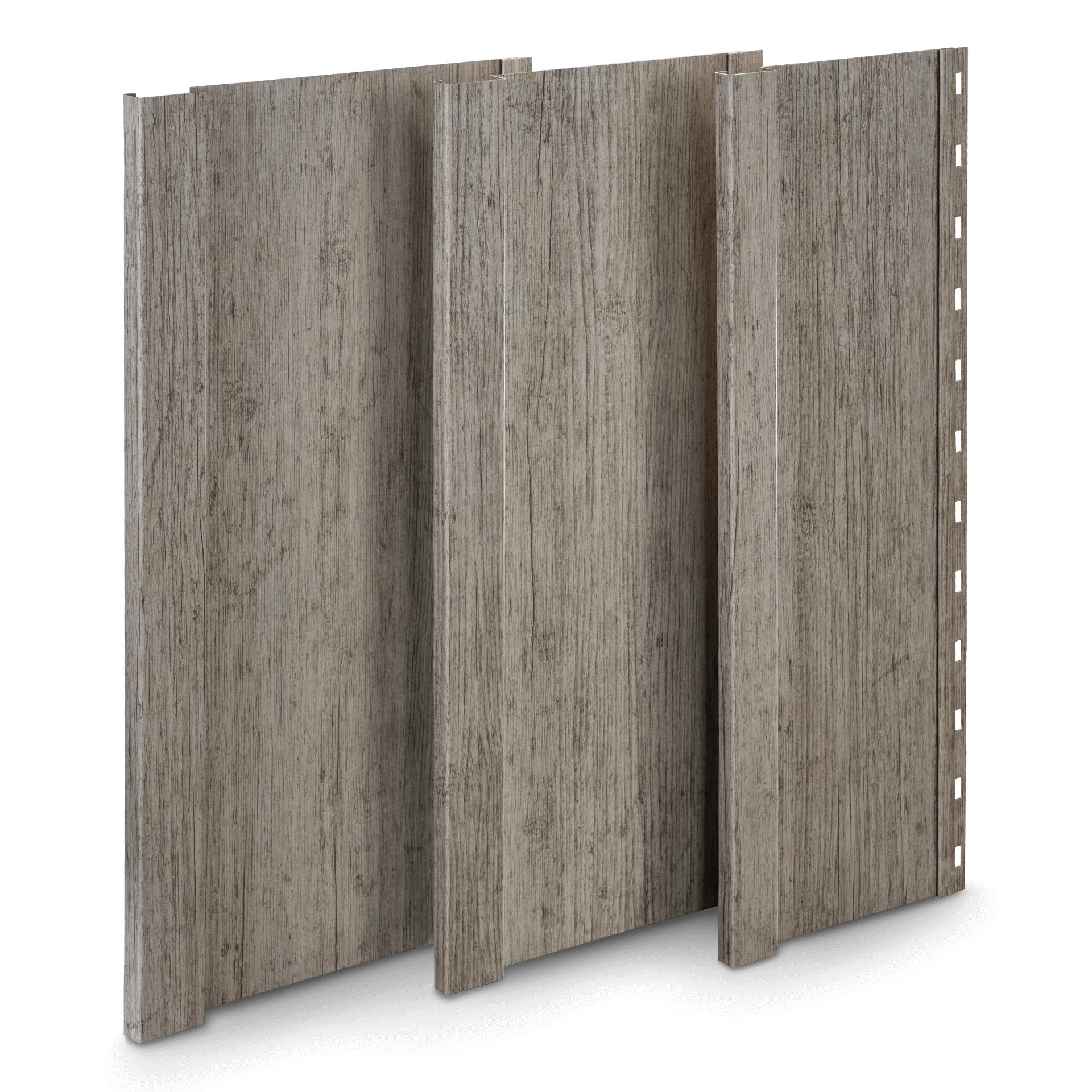 Wooden panel with slats, greyish wood texture, rivets on the side.