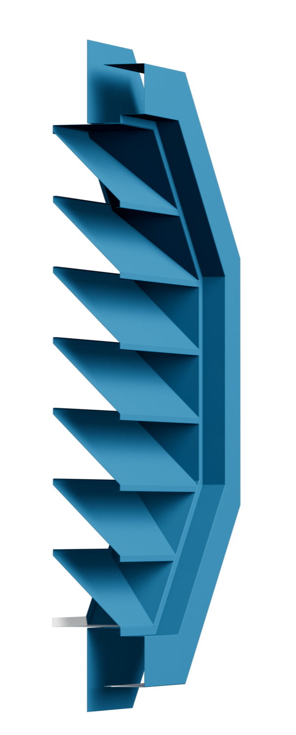 A blue bookshelf with multiple angled shelves against a dark background.
