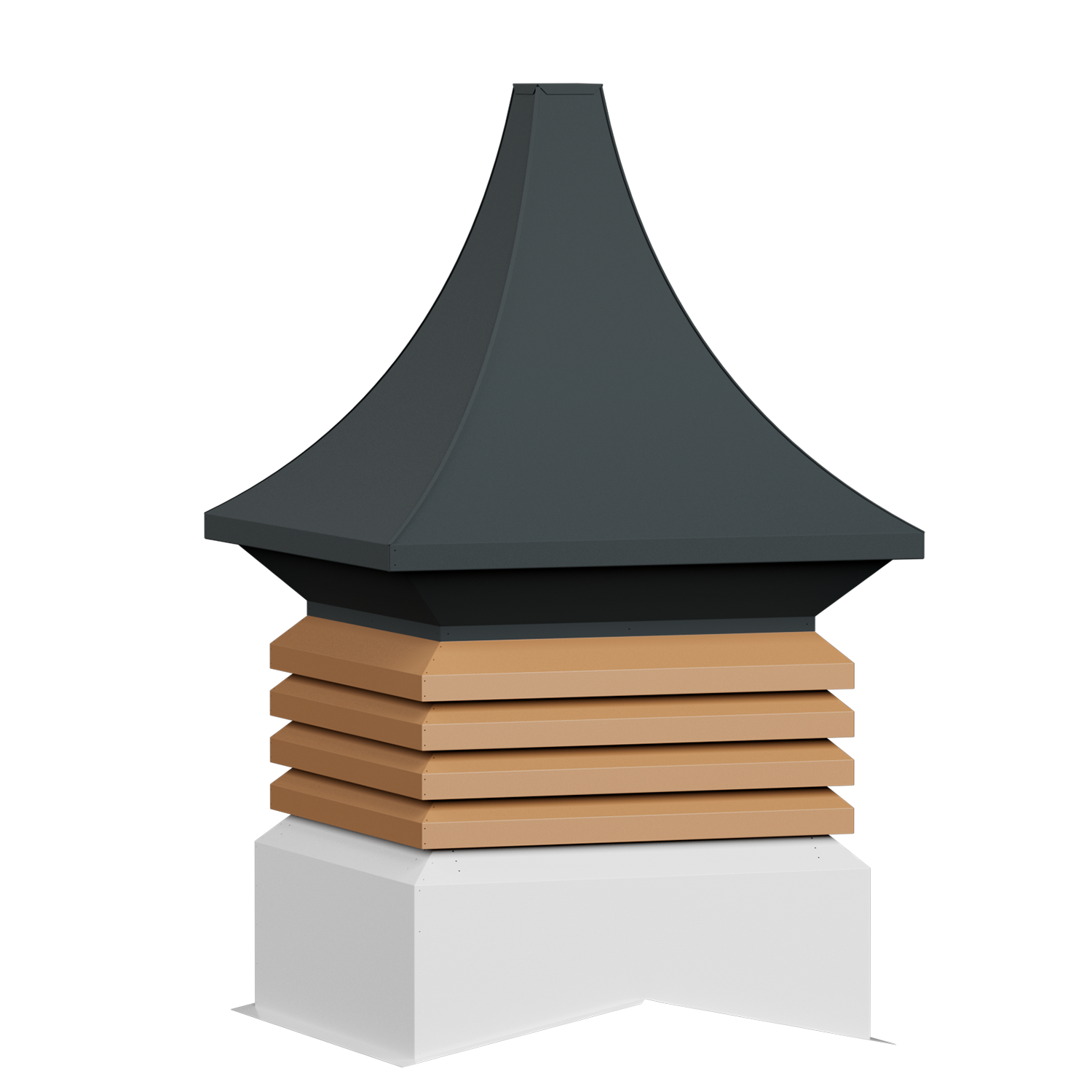 A digital rendering of a modern, abstract sculpture composed of multiple geometric shapes and textures in shades of black, gray, beige, and white. The sculpture includes a large black cone with a gray pyramidal top, beige rectangular blocks forming a stacked platform, and a white faceted base.