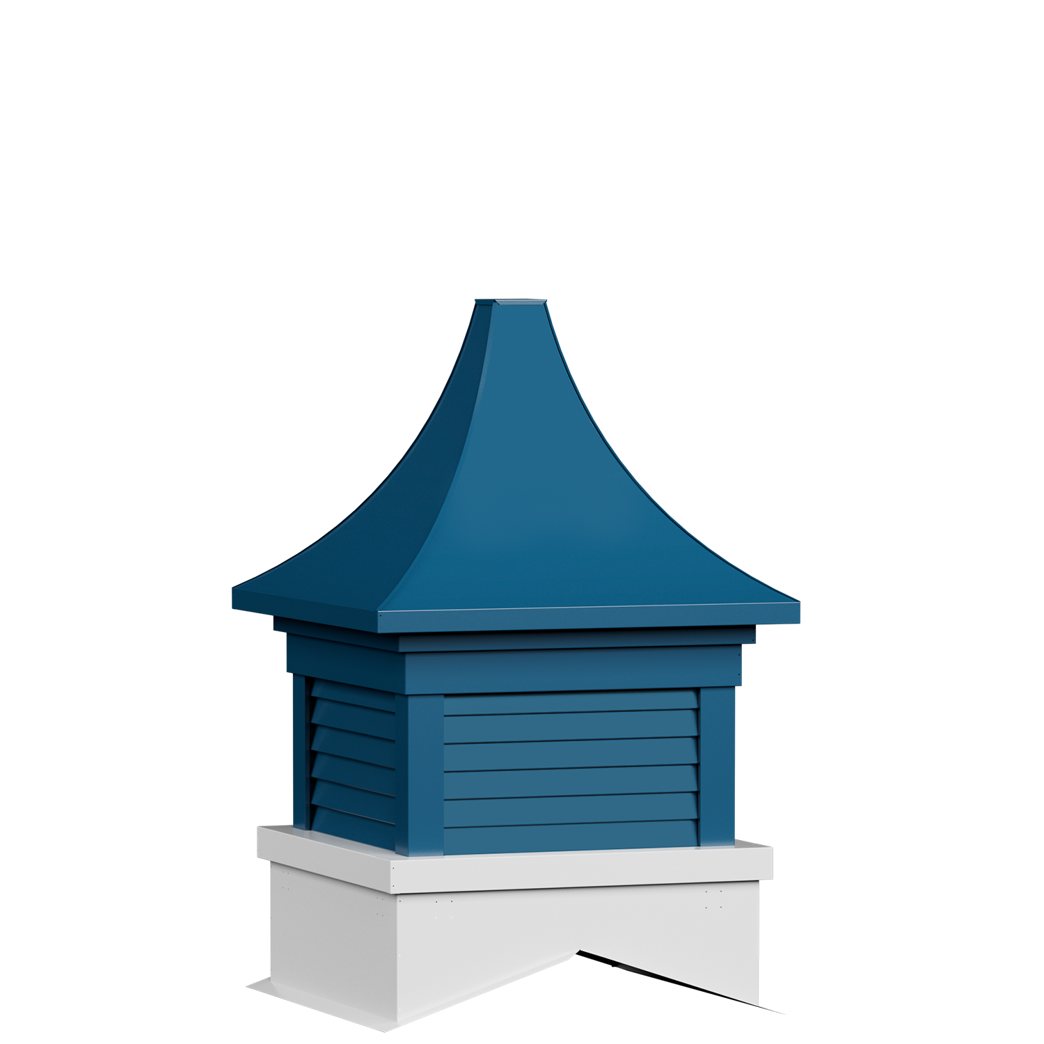 Close-up of a modern blue house chimney with a blue shingled roof and a white base, against a black background.