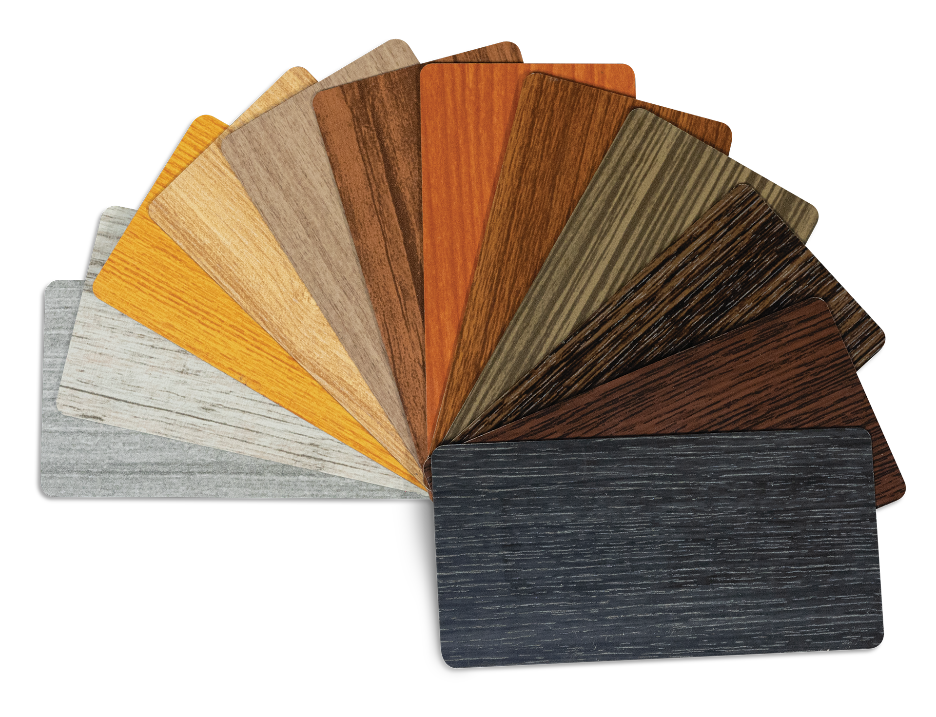 Fan deck of wood laminate color samples arranged in a semi-circle with darker hues at the front and lighter hues at the back.