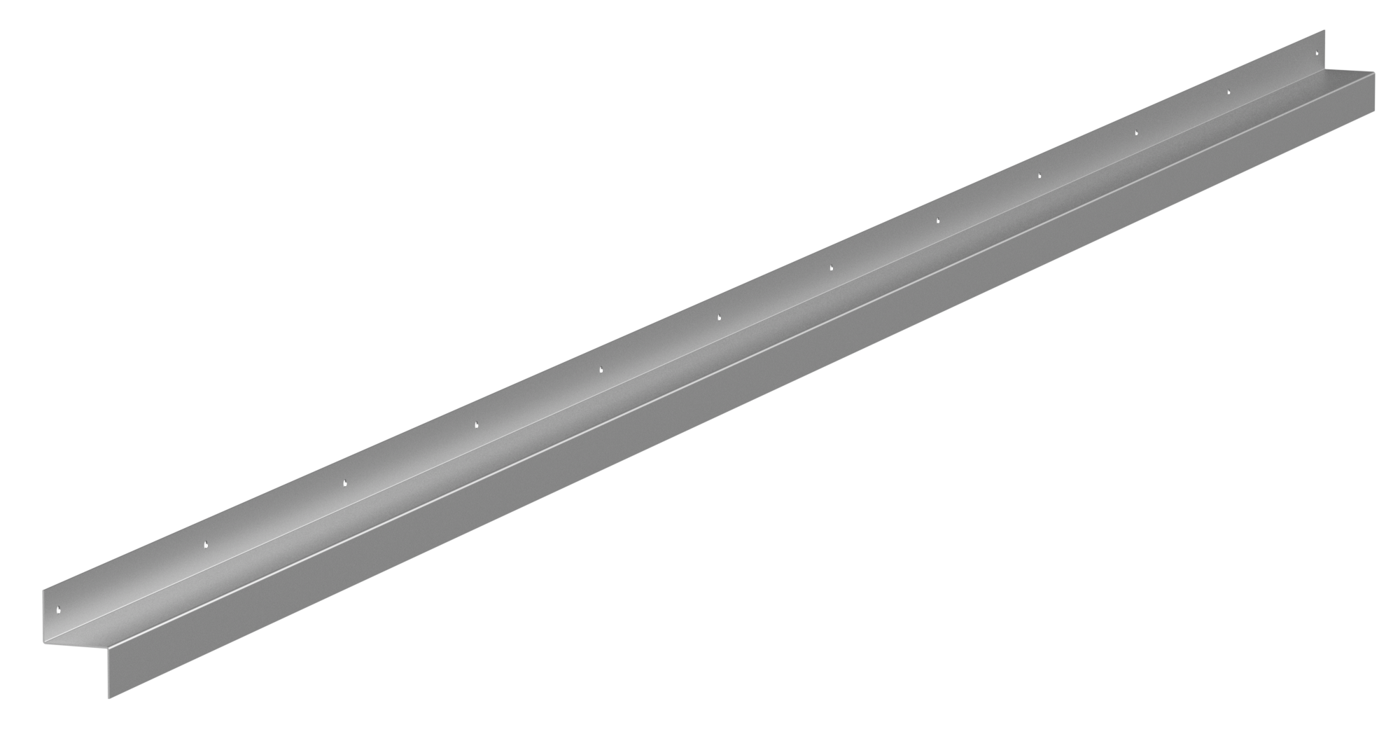 Close-up view of a metal rail with evenly spaced screws, part of a larger metallic structure, on a dark background.