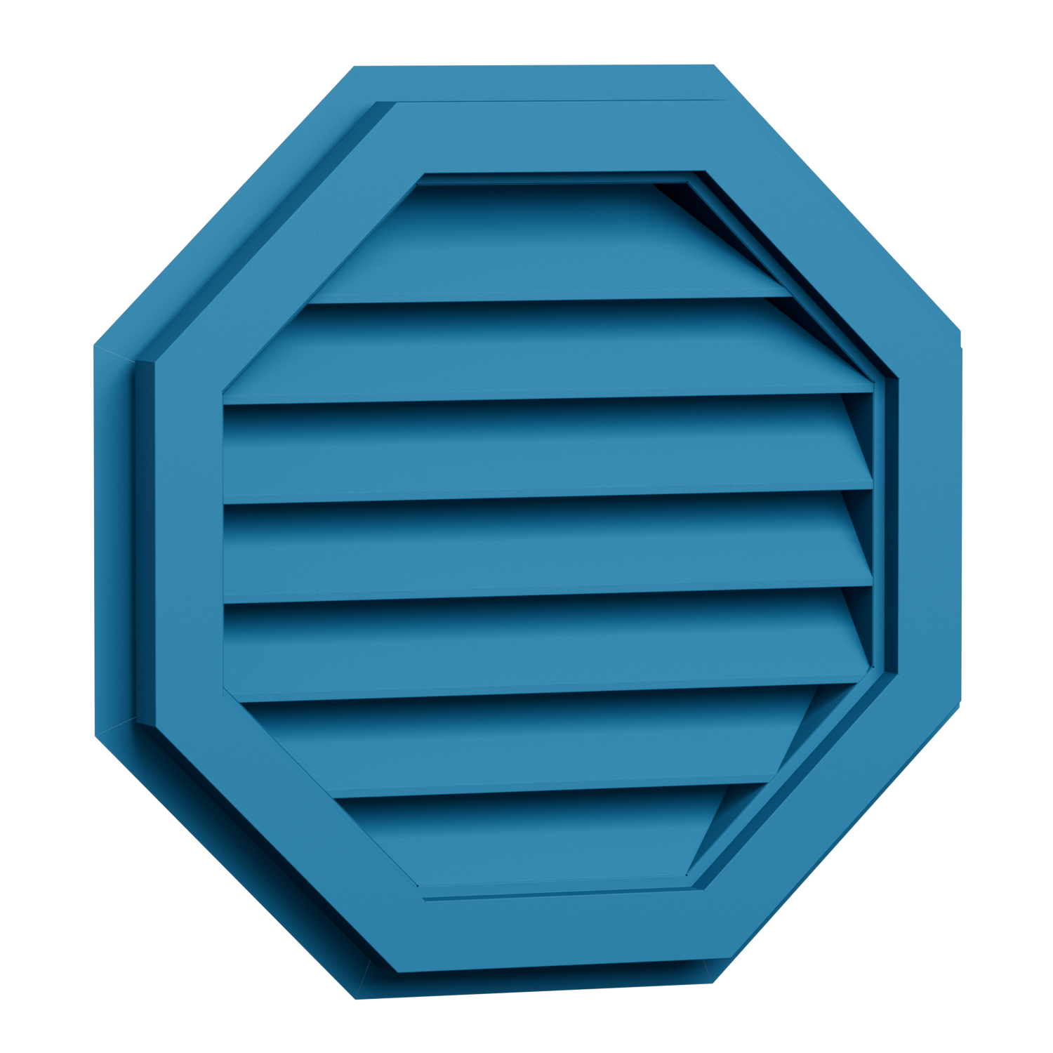 A blue, house-shaped shelving unit with multiple slanted shelves inside, set against a black background.