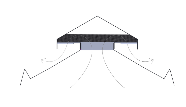 A technical diagram of a cross-section of a roof assembly showing insulation, ceiling, and ventilation components.