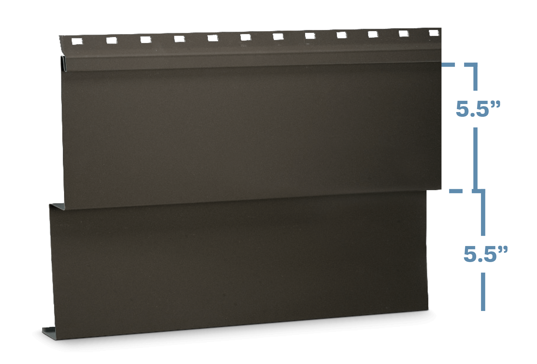 A metal corner with dimensions of 5.5 inches in height and width, featuring a perforated top edge with rectangular holes.