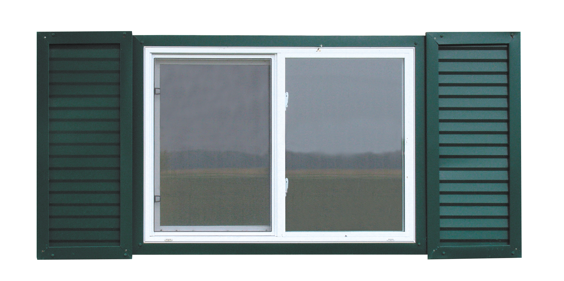 Green exterior window with screen, white frame, and sliding glass pane.