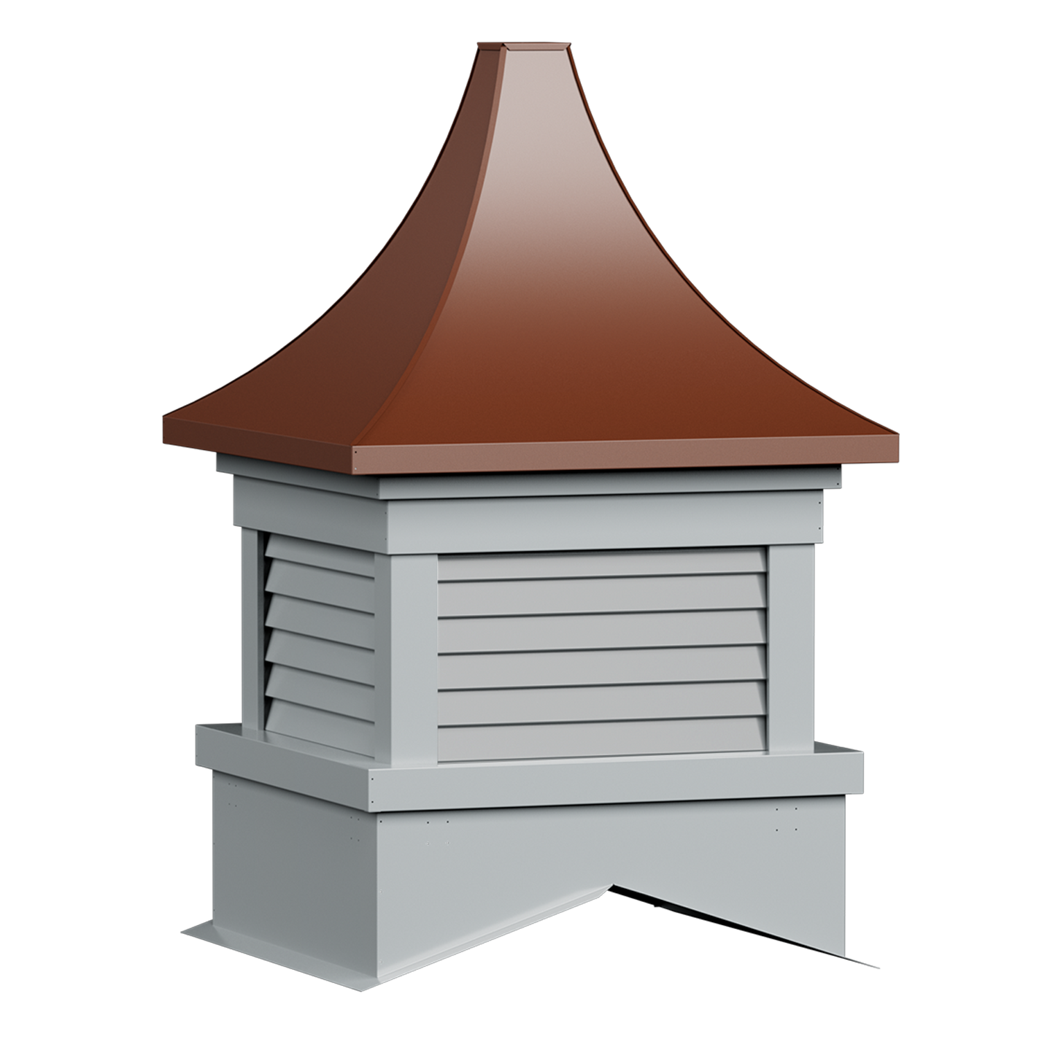 A gray outdoor chimney with a brown metal cap and louvered sides.