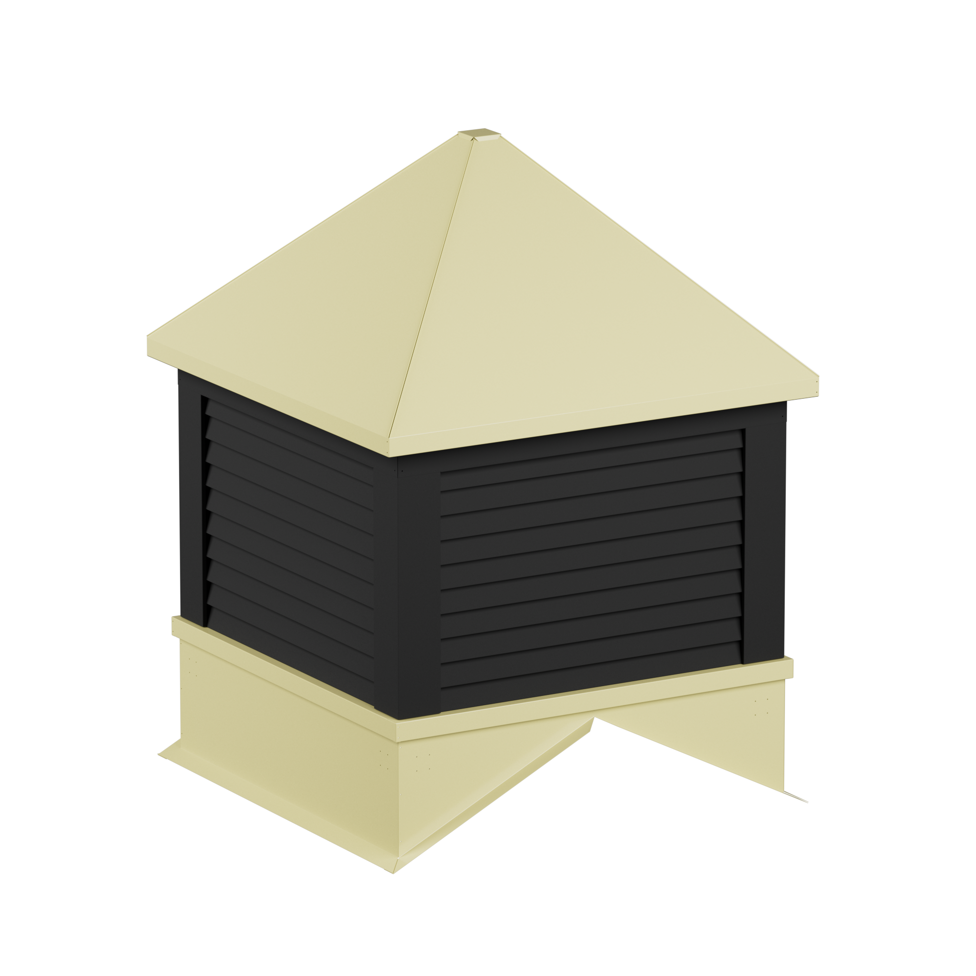 A beige and black pyramid-shaped structure with horizontal slats on its sides, sitting on a beige rectangular base.