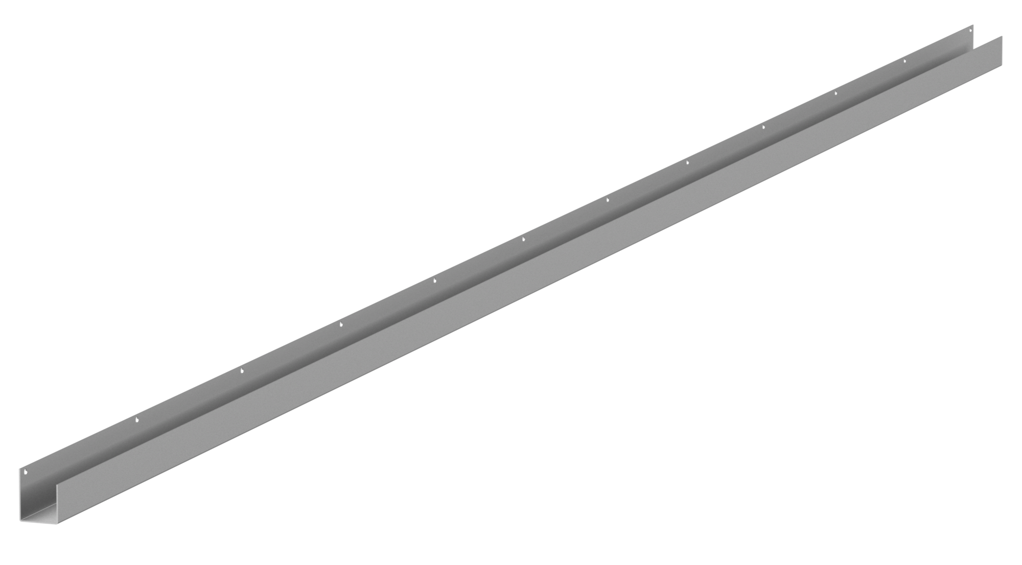 Metal beam or track with multiple holes, tilted at an angle, used in construction or framing.