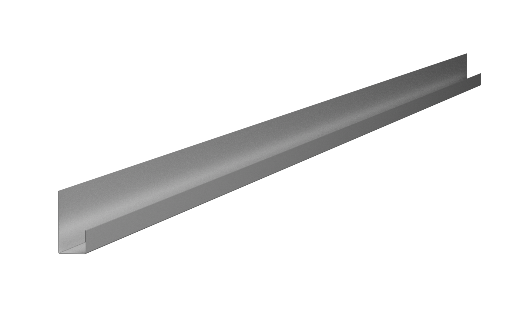 A 3D rendering of a metallic, U-shaped channel or beam with a smooth surface, set against a black background.